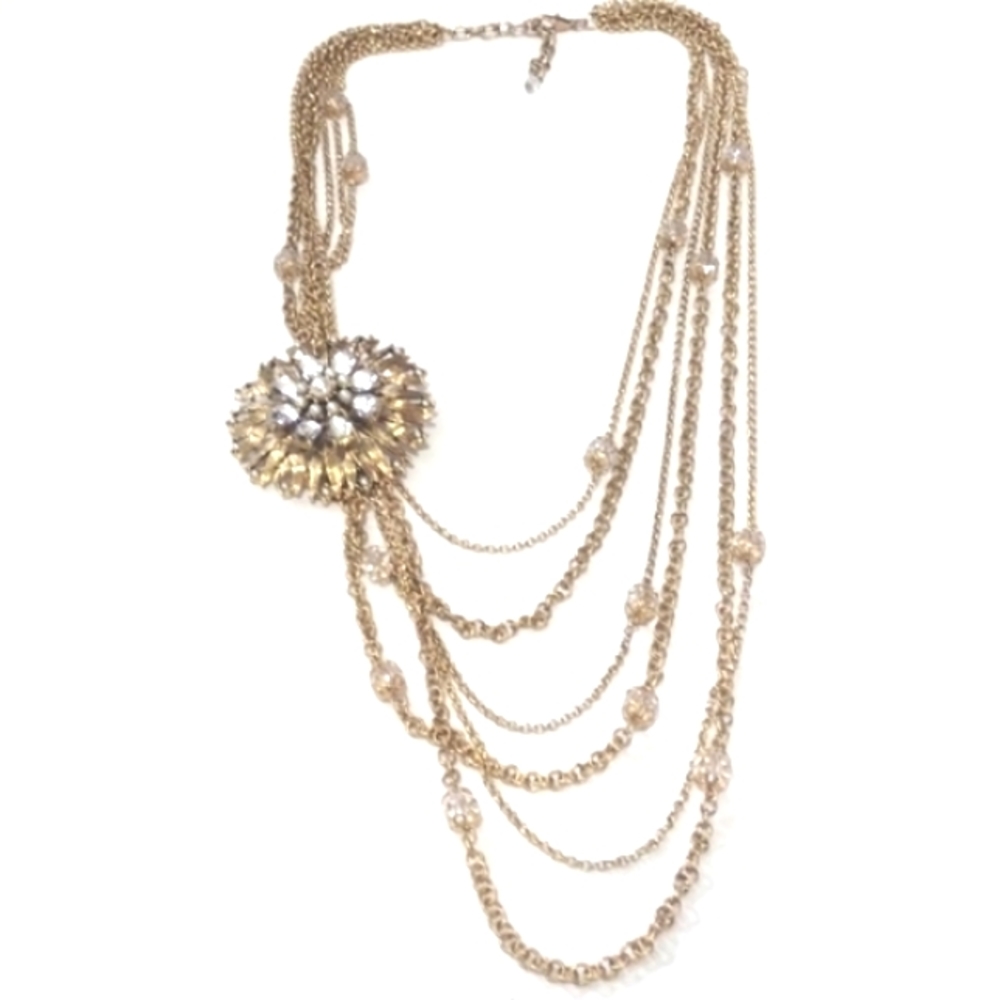 R.J. GRAZIANO BRUSHED GOLD MULTICHAIN NECKLACE W/CRYSTALS & SIDE FLORAL PENDANT - Picture 8 of 8